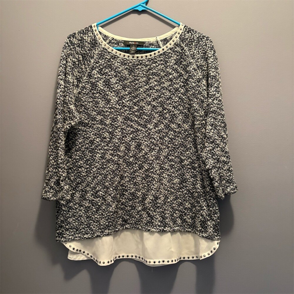 Style & Co Sweater Womens Size L Black White Marled Knit Tunic Stud Trim